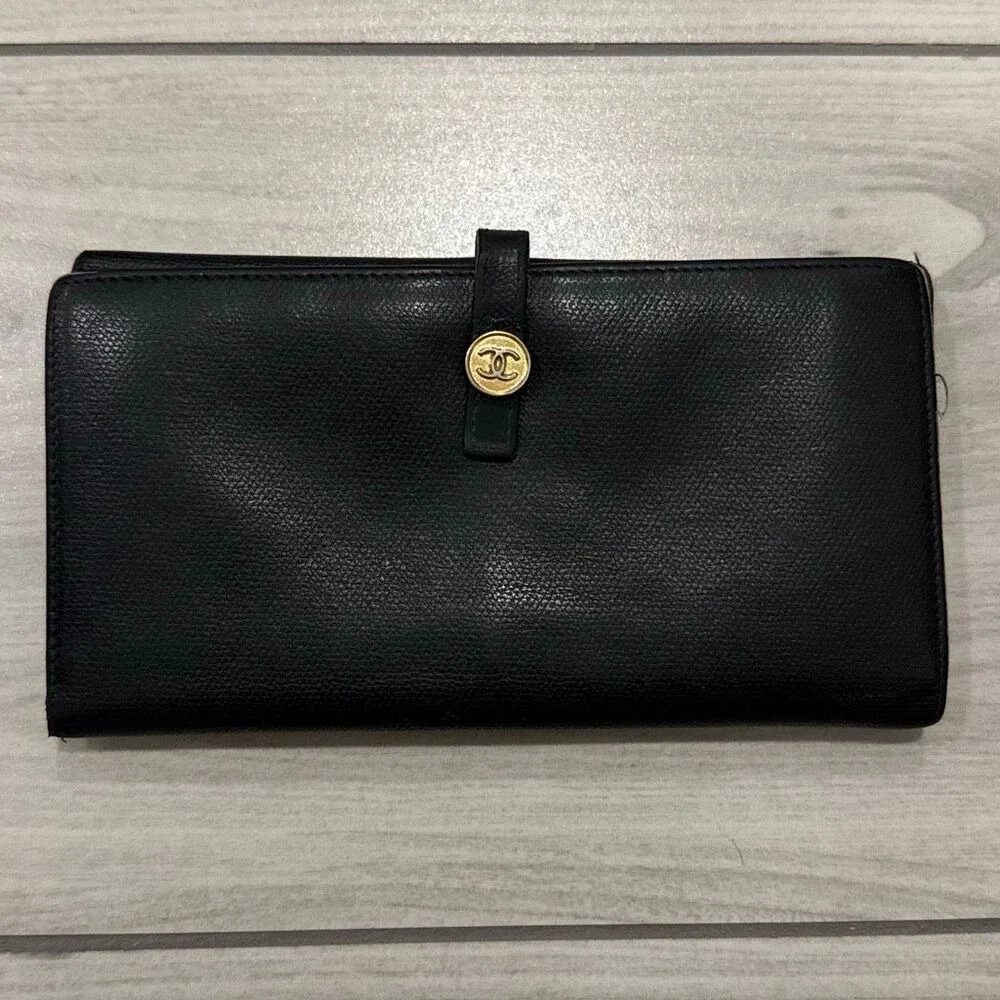 CHANEL Black Leather Long Wallet with Gold CC Button